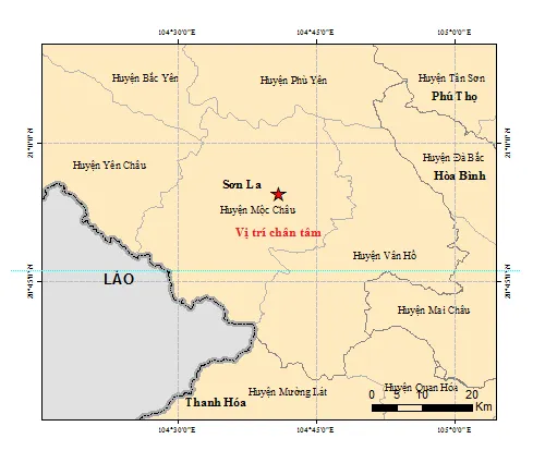 Bản đồ chấn tâm động đất tại Sơn La ngày 27-7