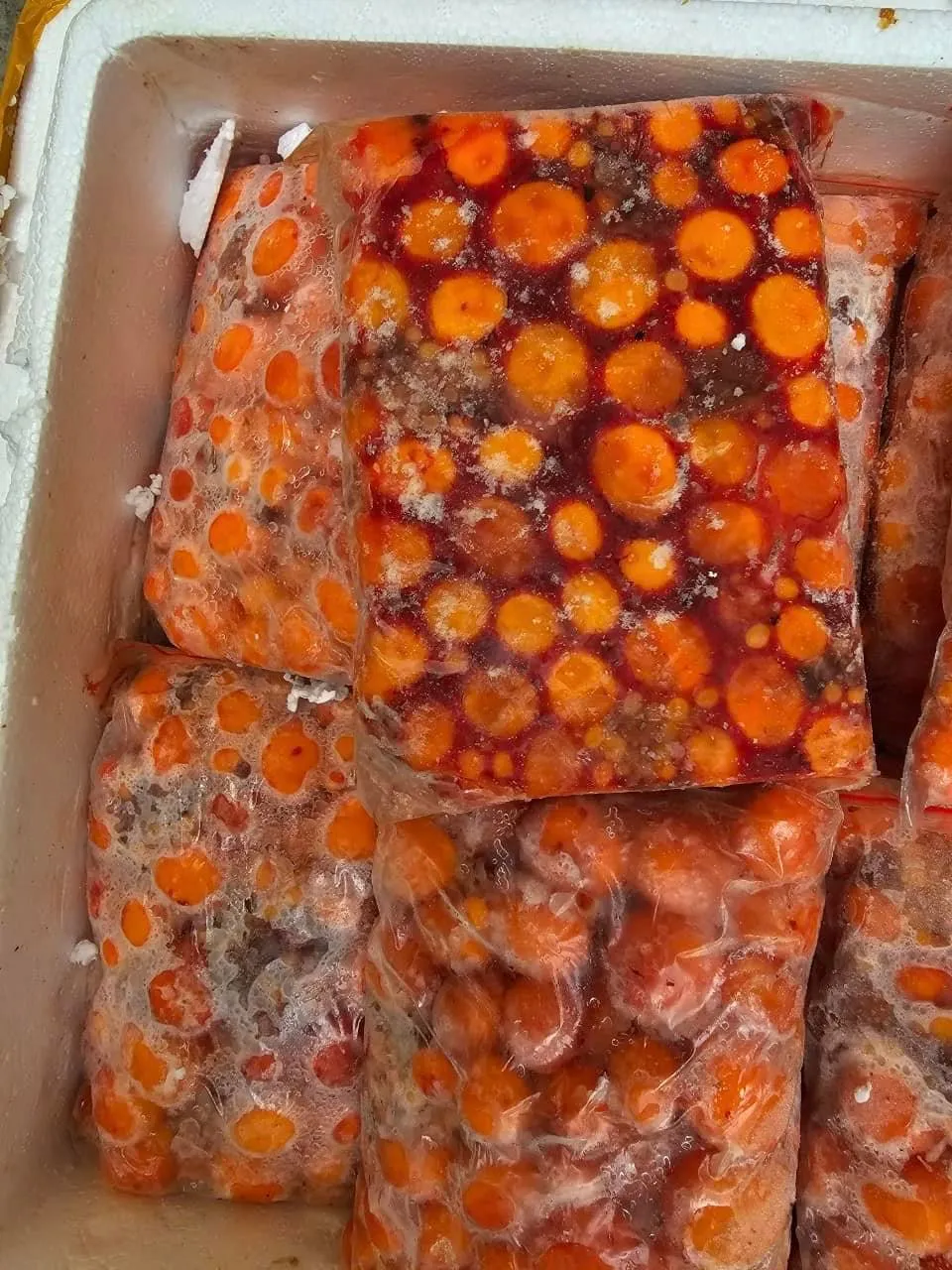 Các thùng lòng gà non đông lạnh. Ảnh: QUYÊN LƯU