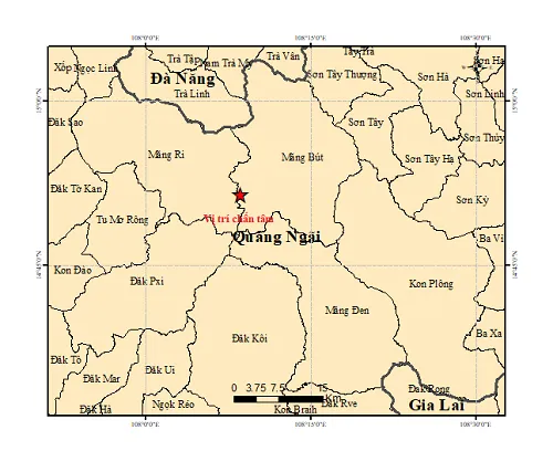 Trận động đất gần nhất là 4 độ richter cùng ở xã Măng Bút (tỉnh Quảng Ngãi) 