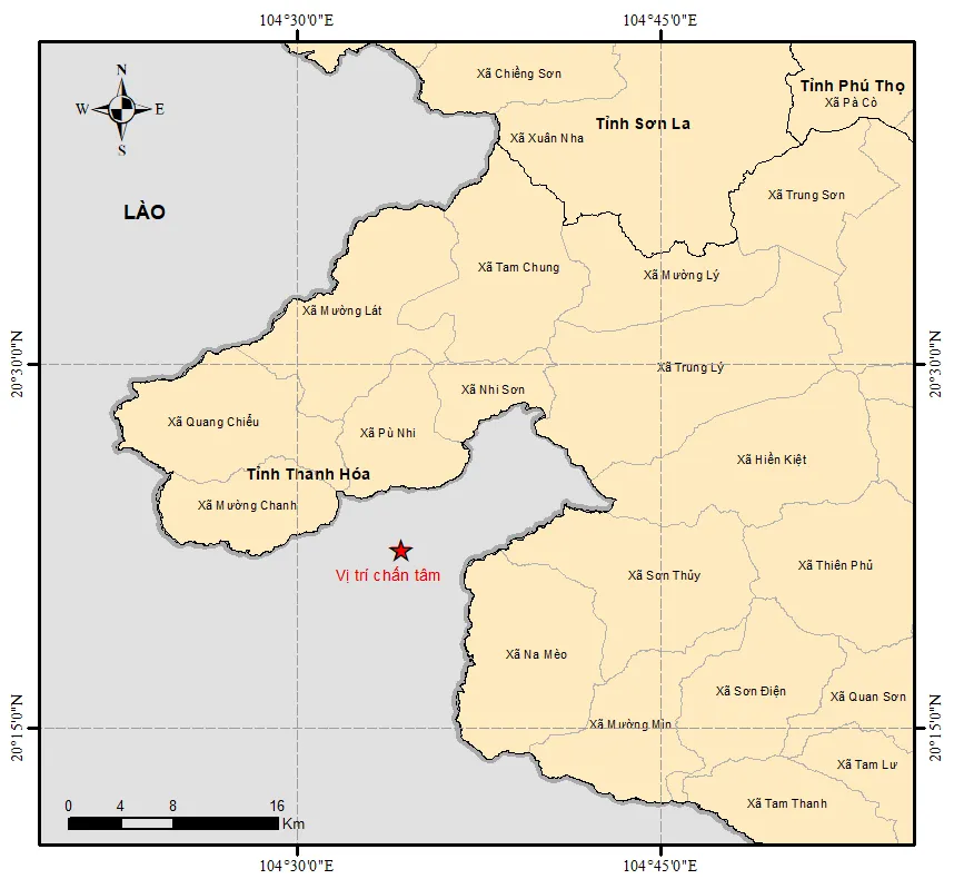 Vị trí xảy ra động đất theo họa đồ của Viện Các khoa học Trái đất