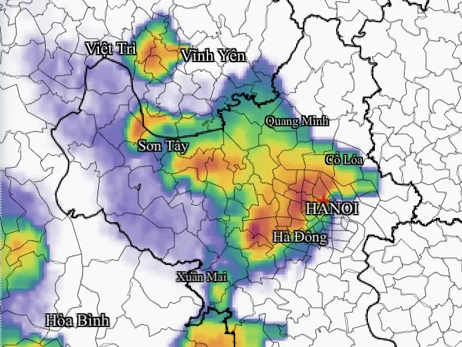 Cập nhật ảnh radar thời tiết Hà Nội với ổ dông cục bộ đang gây mưa lúc 18 giờ