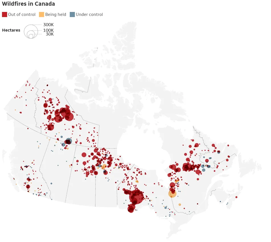 Bản đồ các khu vực cháy rừng ở Ontario. Ảnh: CBC