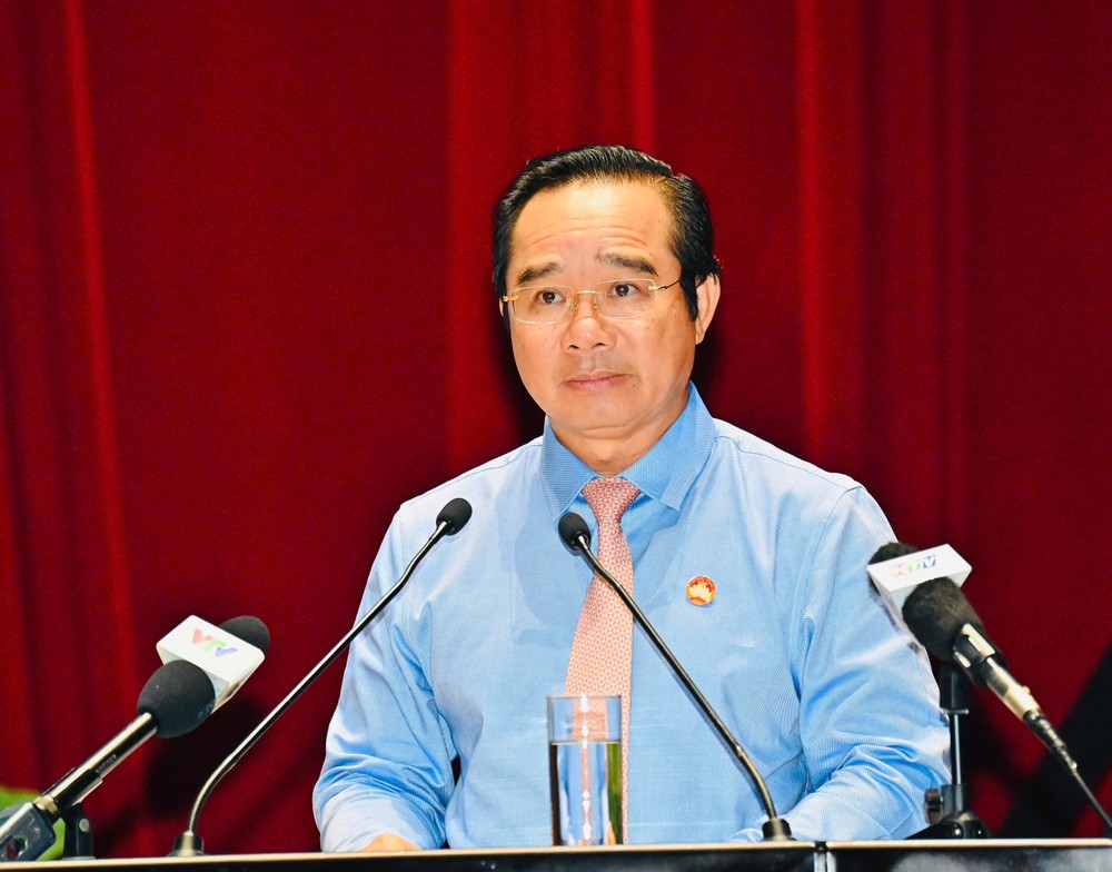  胡志明市人委会主席阮文得在会上致辞。