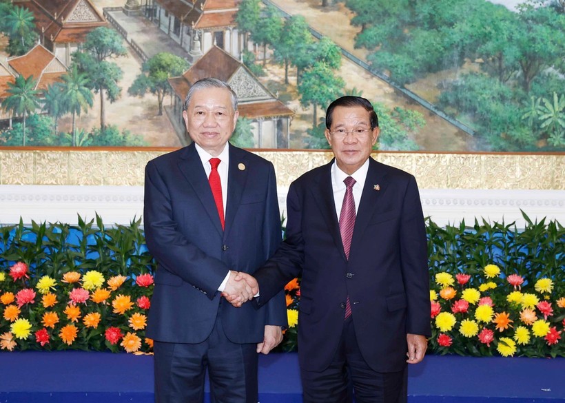 党中央总书记苏林会见洪森亲王。图自越通社 