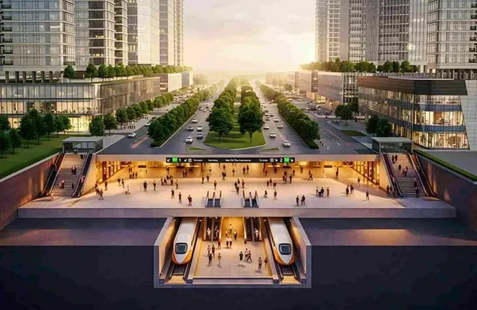 滨城-守添地铁线在梅志寿街地下穿行的效果图。