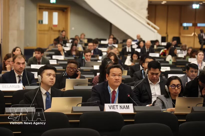 越南常驻联合国、世界贸易组织（WTO）和在瑞士日内瓦其他国际组织代表团团长梅潘勇大使发表讲话。