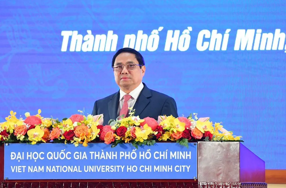 Thủ tướng Phạm Minh Chính phát tại lễ Khai khóa năm 2023 của Đại học Quốc gia TPHCM. Ảnh: VIỆT DŨNG