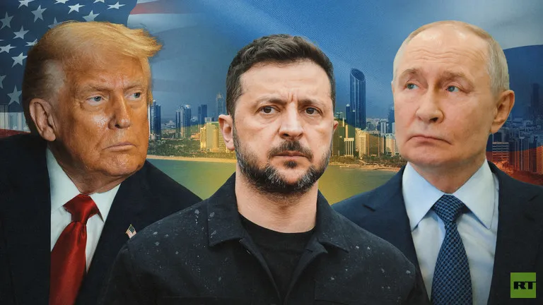 Tổng thống Mỹ Donald Trump, Tổng thống Ukraine Volodymyr Zelensky, Tổng thống Nga Vladimir Putin. Ảnh: RT