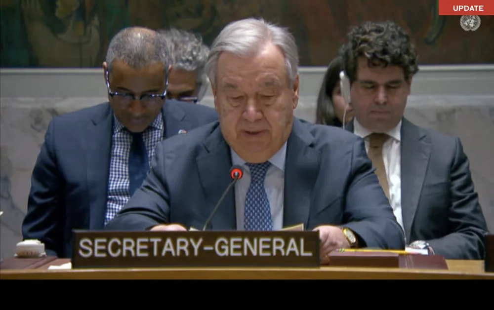 Tổng thư ký LHQ Antonio Guterres tại phiên họp đặc biệt khẩn cấp thảo luận về các cuộc tấn của Israel và Mỹ nhằm vào Iran. Ảnh: UNTV/ARAB NEWS 