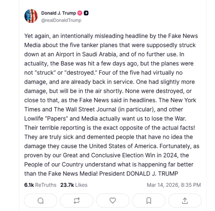 Bài đăng của Tổng thống Mỹ Donald Trump trên mạng xã hội Truth Social. Ảnh: TRUTH SOCIAL 