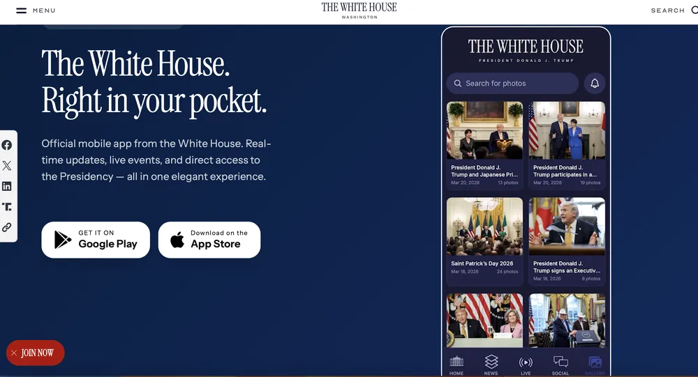 Ứng dụng truyền thông của Nhà Trắng được giới thiệu trên trang thông tin của Nhà Trắng. Ảnh: THE WHITE HOUSE 