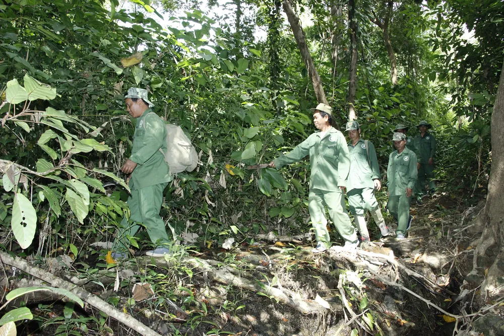 Cộng đồng nhận khoán bảo vệ rừng thôn Bù Dốt, xã Bù Gia Mập, huyện Bù Gia Mập đi tuần tra, bảo vệ rừng đặc dụng Vườn quốc gia Bù Gia Mập