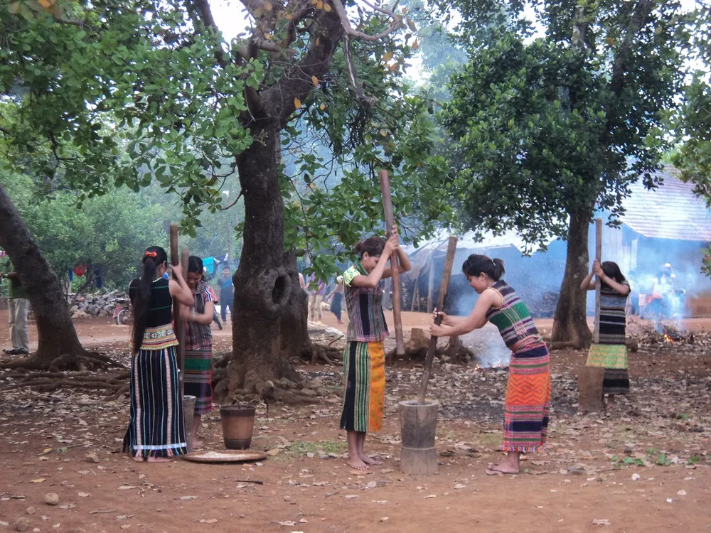 Thiếu nữ dân tộc S'tiêng sóc Bom Bo giã gạo truyền thống