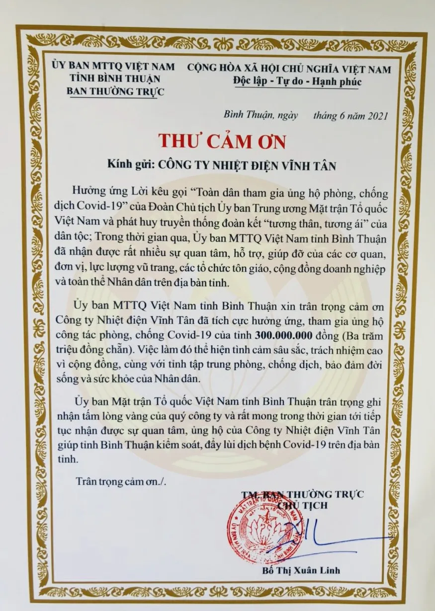 Công ty Nhiệt điện Vĩnh Tân ủng hộ 300 triệu đồng vào Quỹ phòng, chống dịch Covid-19  ảnh 1