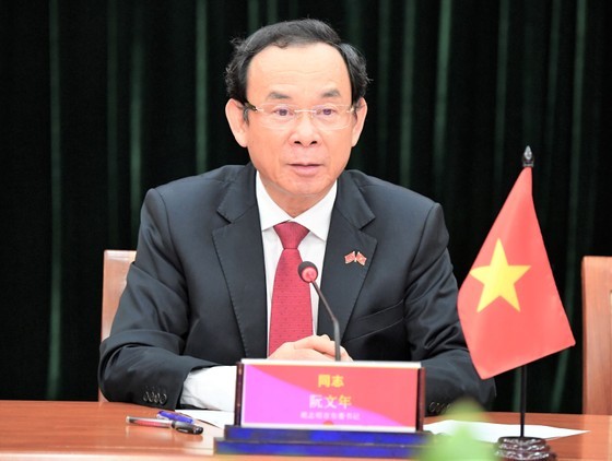 Secretary of the HCMC Party Committee Nguyen Van Nen at the online meeting. (Photo: SGGP)