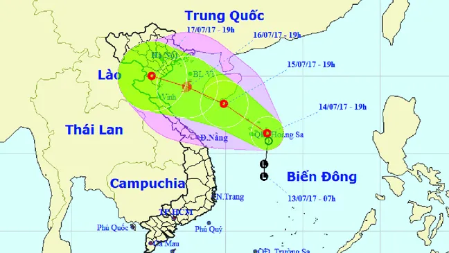 Sơ đồ đường đi của áp thấp nhiệt đới (cập nhật lúc 21 giờ ngày 14-7)