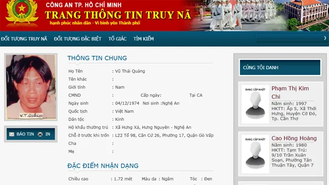Thông tin Vũ Thái Quảng trên cổng thông tin Công an TPHCM.  Ảnh: ĐAN NGUYÊN