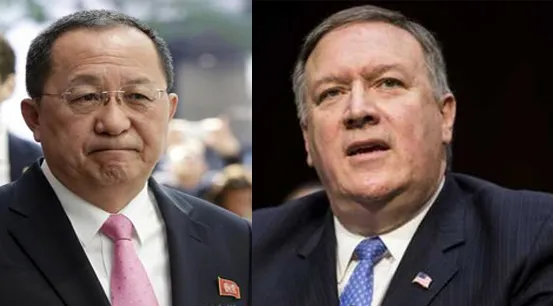 Ngoại trưởng Triều Tiên Ri Yong-ho, ngoại trưởng Mỹ Mike Pompeo (từ trái sang)