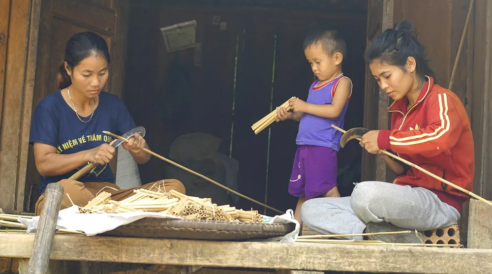 Nhiều mô hình làm ống hút, ly, quà lưu niệm từ cây tre được người dân khai thác trong rừng cộng đồng đem lại hiệu quả kinh tế cao