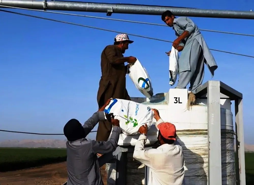 Các nhân viên của trang trại Mleiha, UAE chuẩn bị phân bón cho lúa mì. Ảnh: Reuters