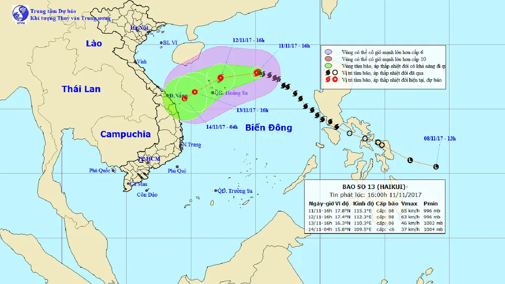 Vị trí và đường đi của bão số 13 tính tới 16 giờ chiều 11-11. Ảnh: TTDBKTTVTƯ