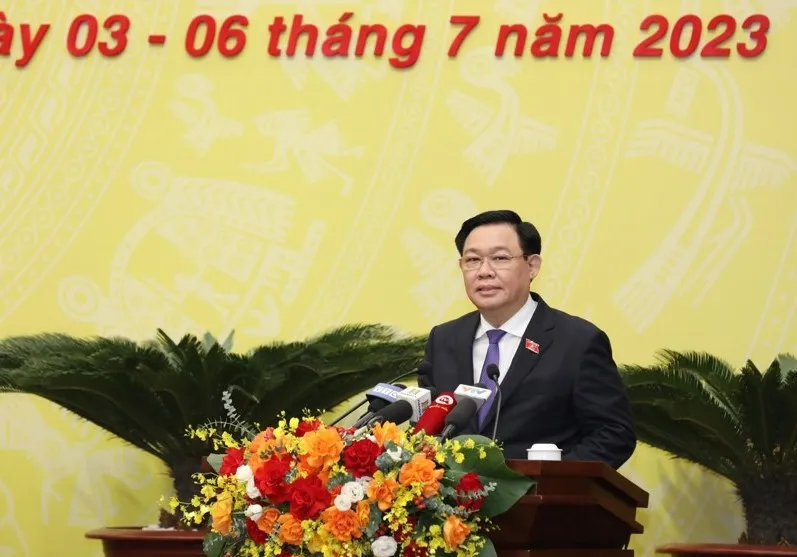 Chủ tịch Quốc hội Vương Đình Huệ phát biểu tại phiên khai mạc kỳ họp thứ 12 HĐND TP Hà Nội khóa XVI