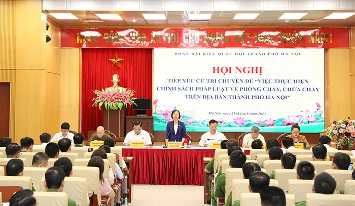Bà Phạm Thị Thanh Mai, Phó trưởng Đoàn chuyên trách Đoàn đại biểu Quốc hội TP Hà Nội chủ trì hội nghị tiếp xúc cử tri