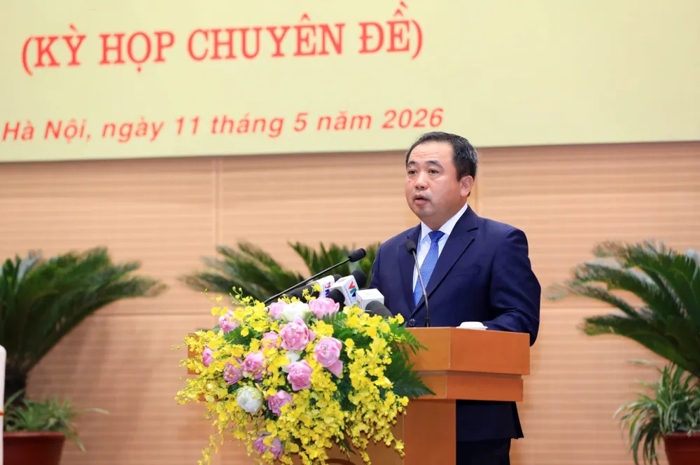 Đồng chí Trần Đức Thắng, Ủy viên Bộ Chính trị, Bí thư Thành ủy Hà Nội phát biểu tại kỳ họp thứ 2 của HĐND TP Hà Nội. Ảnh: BẢO CHI
