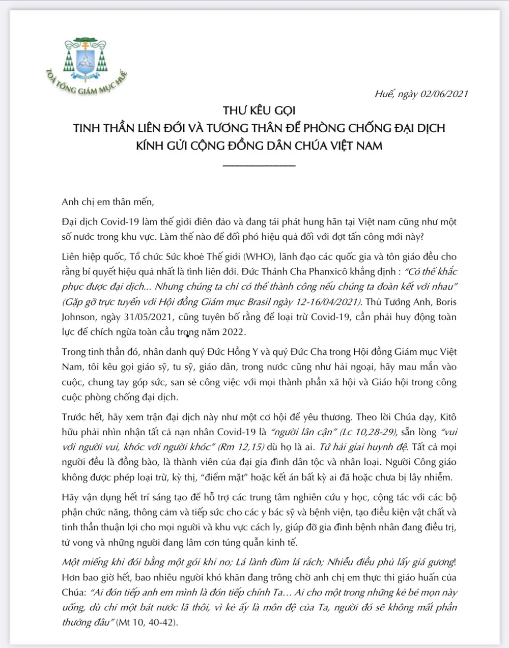 Chủ tịch Hội đồng Giám mục Việt Nam kêu gọi chung tay góp sức chống dịch Covid-19 ảnh 1