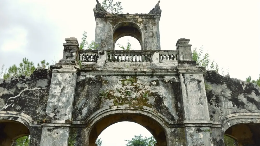 Cây cối và cỏ dại tấn công Đại Thành môn ở di tích Võ Miếu