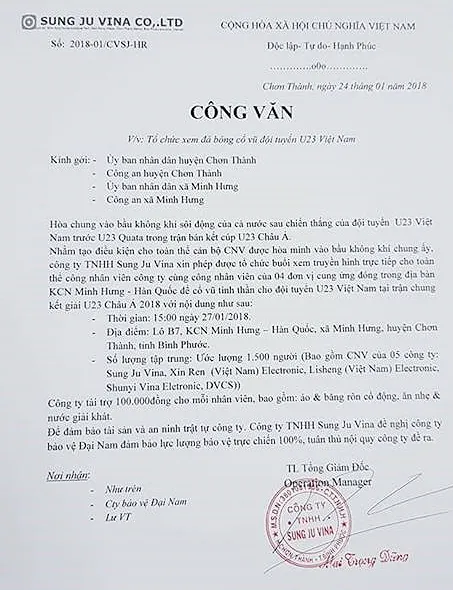 Bình Phước: 7.000 công nhân được nghỉ cổ vũ U23 Việt Nam đá chung kết ảnh 1