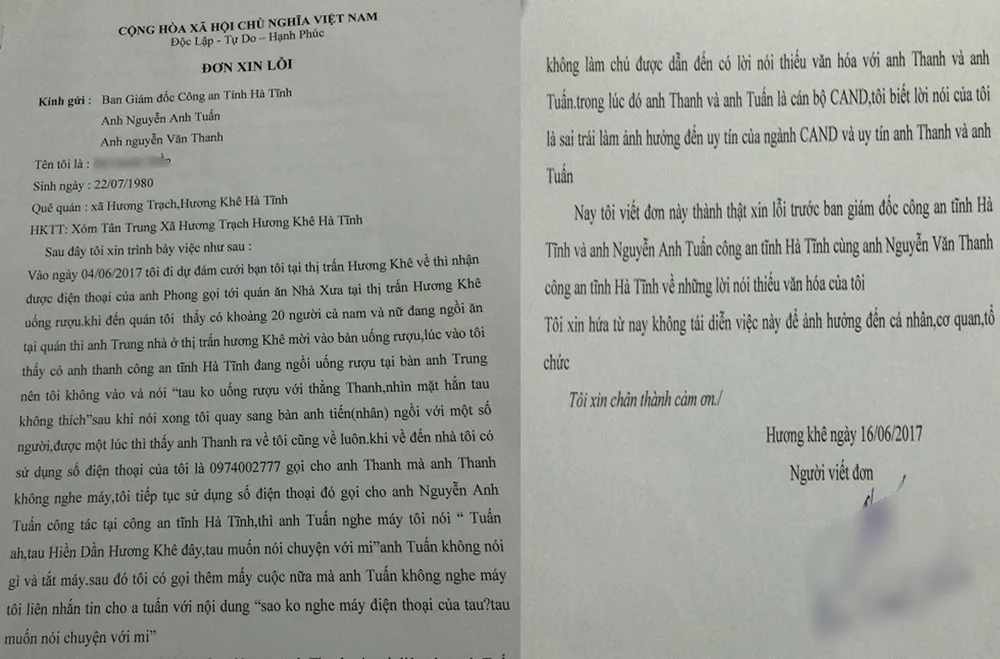 Đối tượng gọi điện, nhắn tin đe dọa Thượng tá An ninh gửi đơn xin lỗi ảnh 1