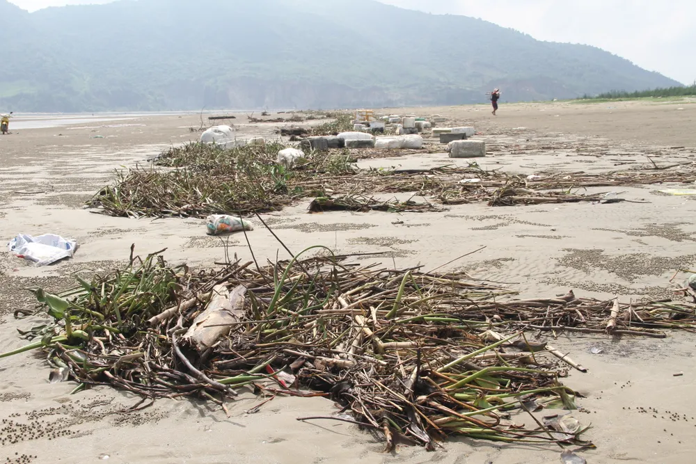 Rác tấp vào làm nhếch nhác dọc bãi biển ở huyện Lộc Hà
