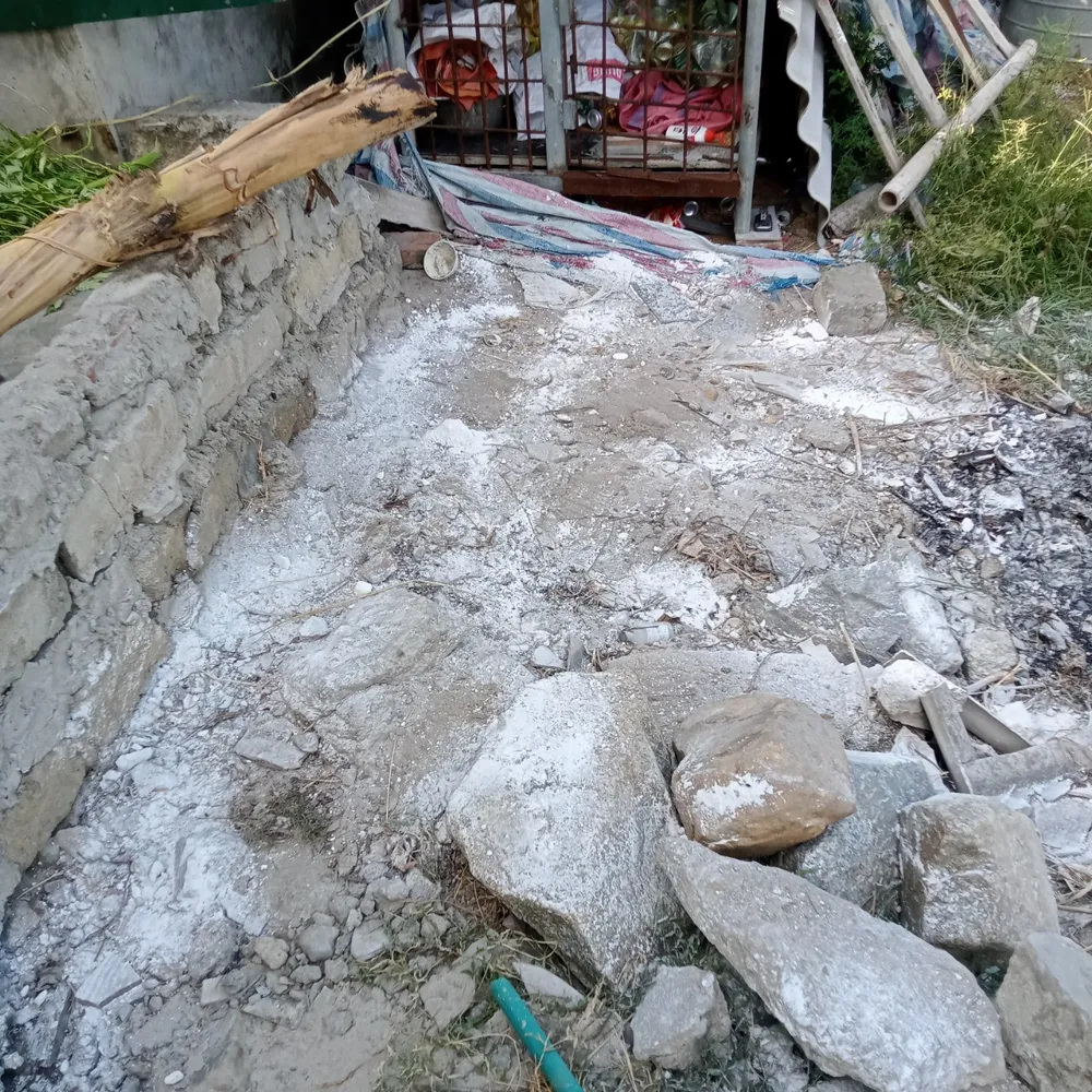 Rắc vôi bột, xử lý khử trùng khu vực chuồng trại chăn nuôi ở xã Cẩm Dương