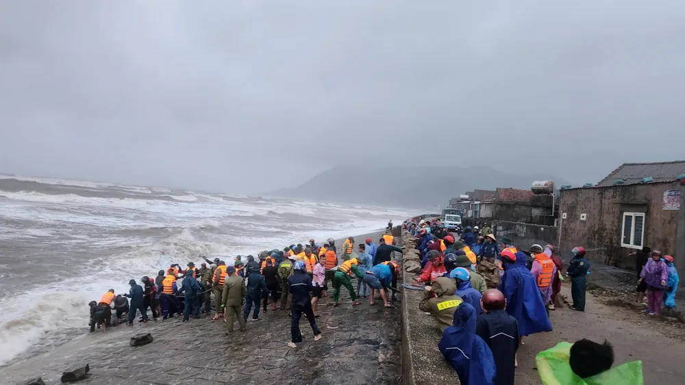 Hàng trăm người tham gia gia cố sạt lở kè biển Cẩm Nhượng