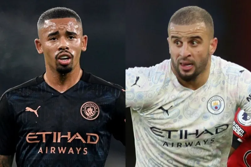 Tiền đạo Gabriel Jesus (trái) và hậu vệ cánh Kyle Walker dương tính với Covid-19. 