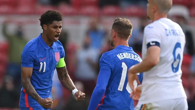 Marcus Rashford lần đầu ghi bàn trong tư cách đội trưởng tuyển Anh. Ảnh: Getty Images