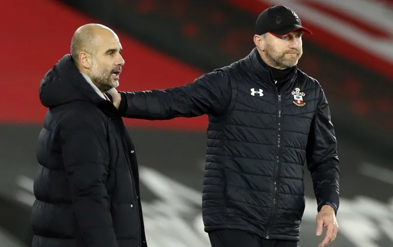 HLV Ralph Hasenhuttl (phải) dành sự tôn trọng cao nhất cho Pep Guardiola. Ảnh: Getty Images