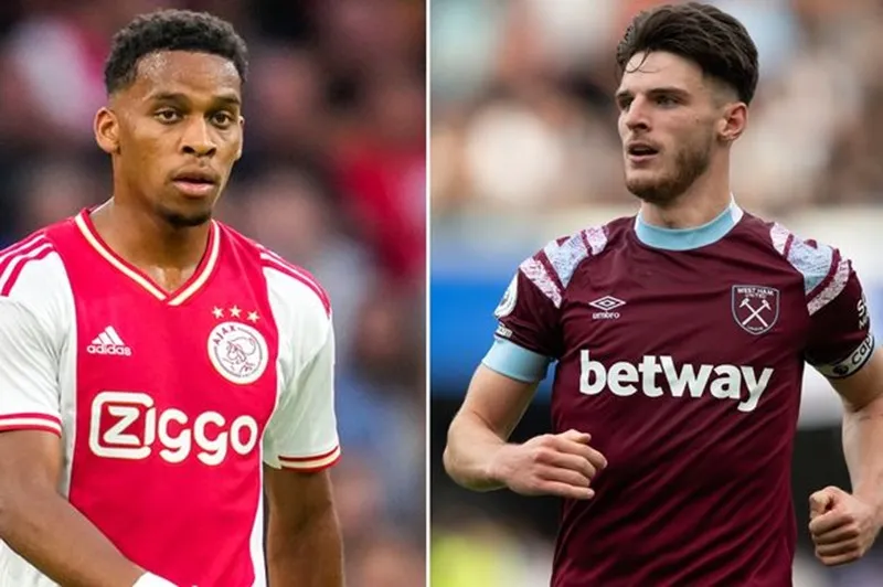 Declan Rice (phải) và Jurrien Timber dự kiến sẽ trở thành Pháo thủ vào đầu tuần tới.