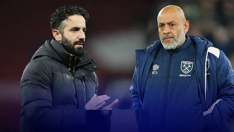 HLV Ruben Amorim (trái) và Nuno Santo (West Ham)
