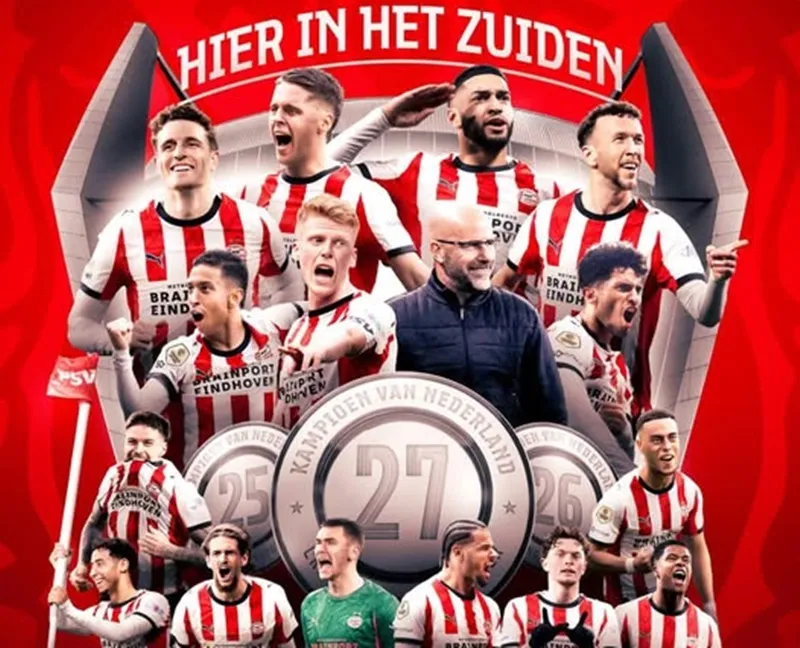 PSV Eindhoven chính thức đăng quang chức vô địch Hà Lan mùa giải thứ 3 liên tiếp.