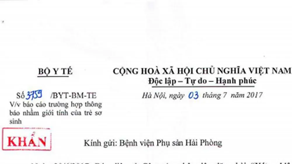 Văn bản của Bộ Y tế yêu cầu Bệnh viện Phụ sản Hải Phòng báo cáo trường hợp nhầm giới tính trẻ sơ sinh