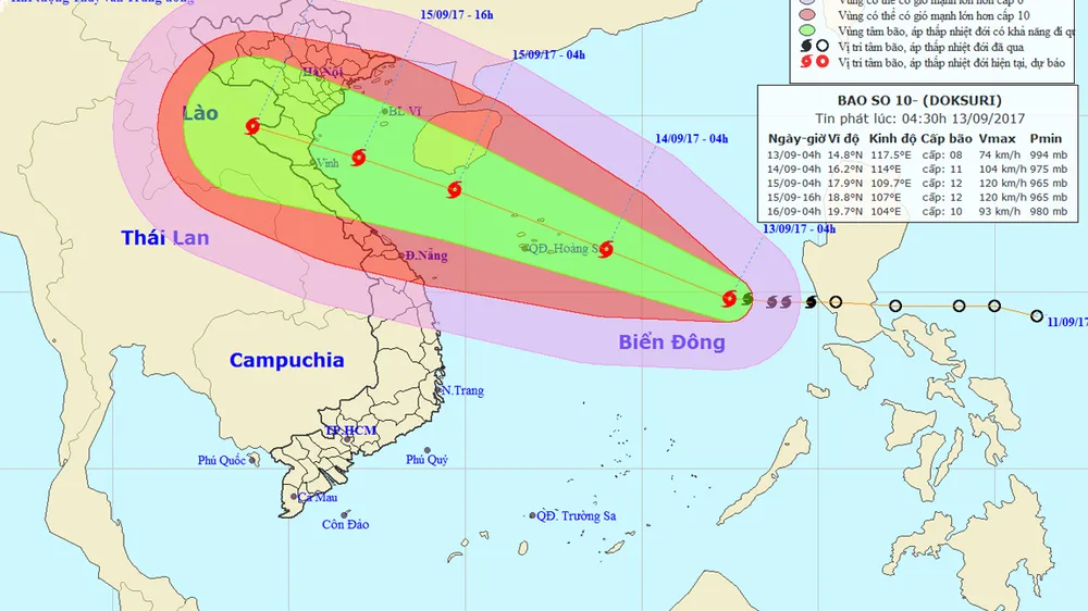 Hình ảnh vị trí và hướng đi của bão số 10. Nguồn  TTDBKTTVTƯ