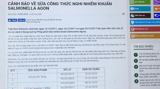 Cục An toàn thực phẩm cảnh báo về 99 lô sữa công thức nghi nhiễm khuẩn