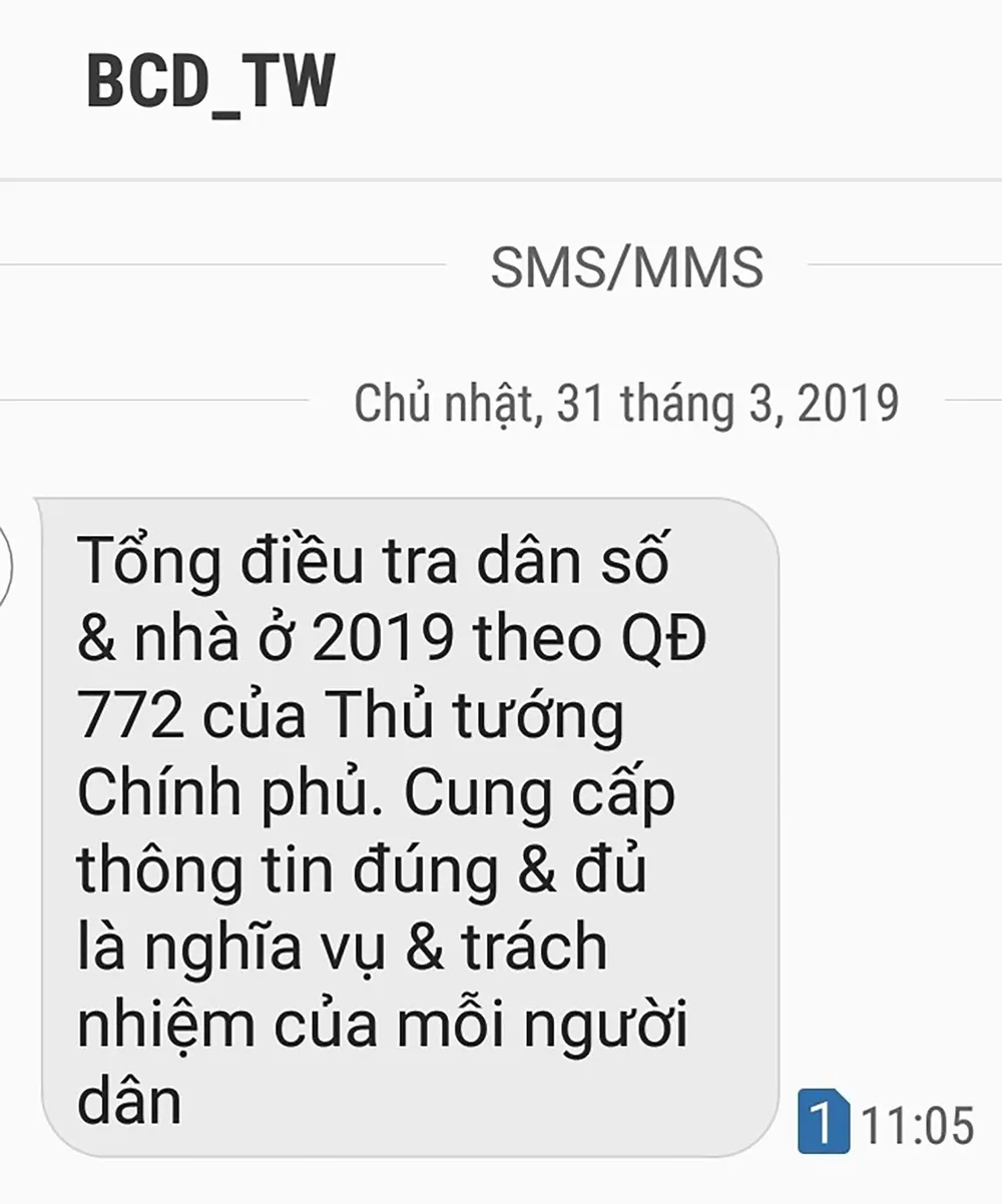 Tin nhắn có nội dung nhắc nhở người dân hưởng ứng cung cấp thông tin cho cuộc tổng điều tra dân số và nhà ở