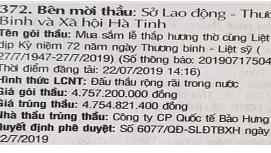 Thông tin gói thầu lễ thắp hương ngày 27-7 lên đến gần 5 tỷ đồng