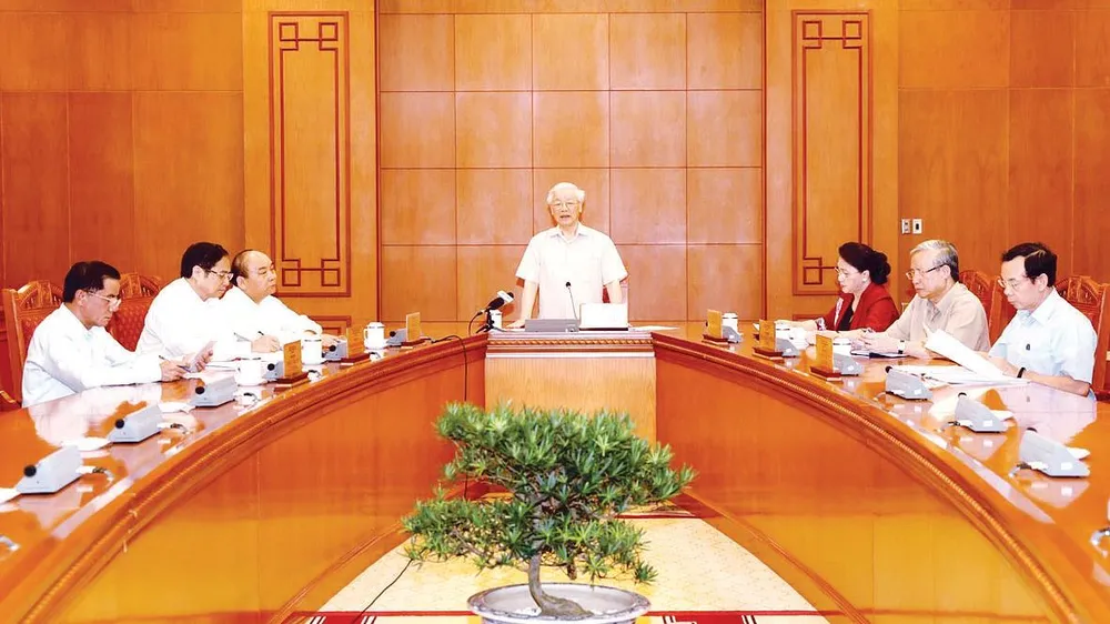 Tổng Bí thư, Chủ tịch nước Nguyễn Phú Trọng,  Trưởng Tiểu ban Nhân sự Đại hội XIII của Đảng phát biểu tại cuộc họp. Ảnh: TTXVN