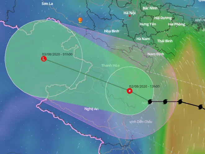 Tâm áp thấp nhiệt đới suy yếu từ bão số 2 nằm trên đất liền Thanh Hóa lúc 13 giờ