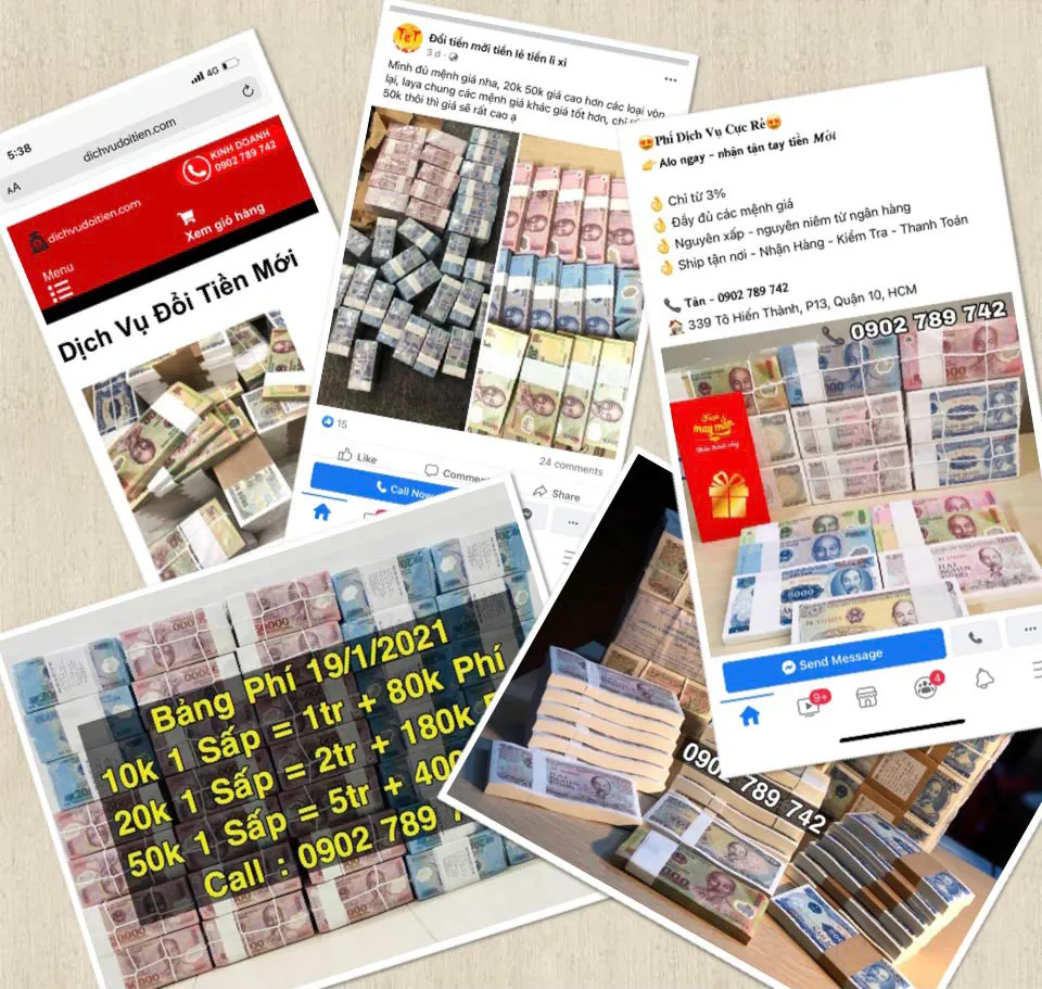 Nhiều trang web, trang mạng xã hội ngang nhiên rao dịch vụ  đổi tiền mới, tiền lẻ trên mạng. Ảnh: HUY PHAN