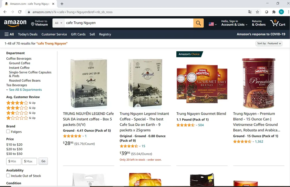 Các sản phẩm cà phê Trung Nguyên được bán phổ biến  trên sàn TMĐT